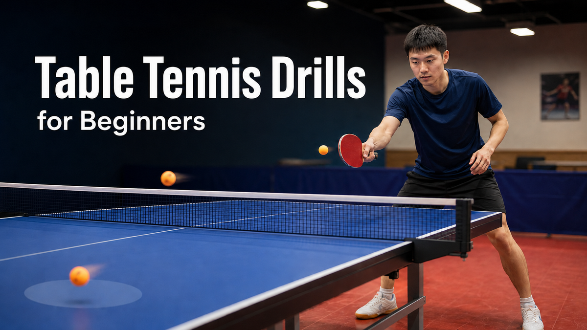 Beginner table tennis player practicing a controlled forehand drive