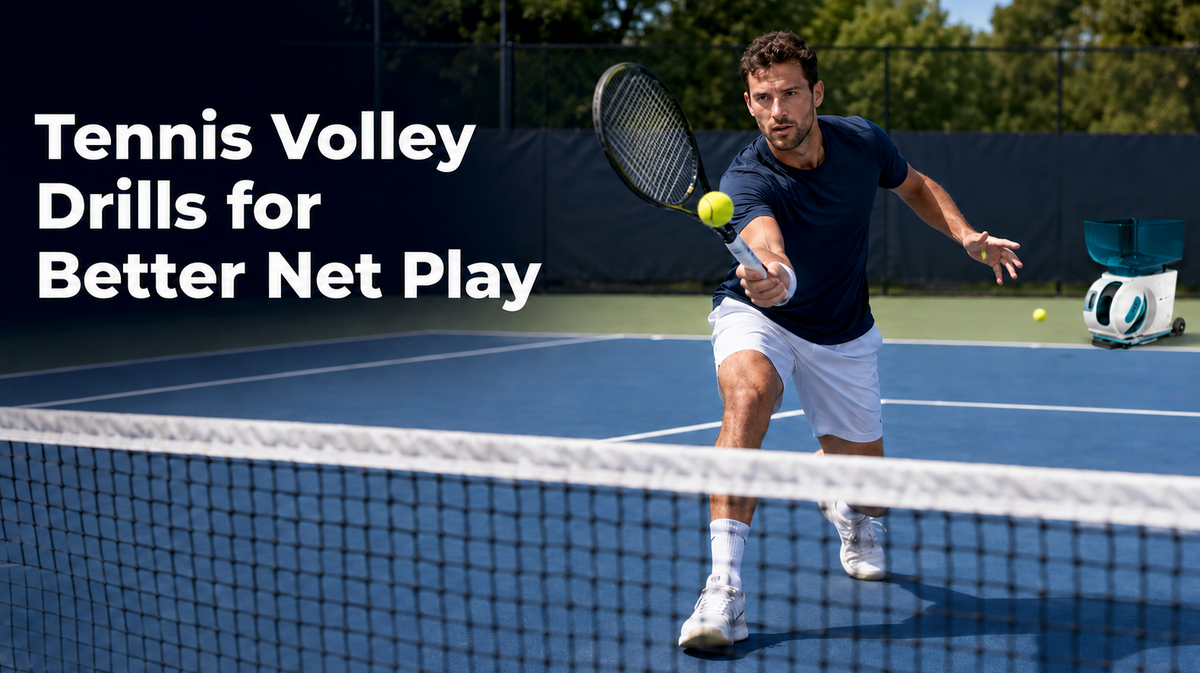 Tennis player practicing a forehand volley near the service line