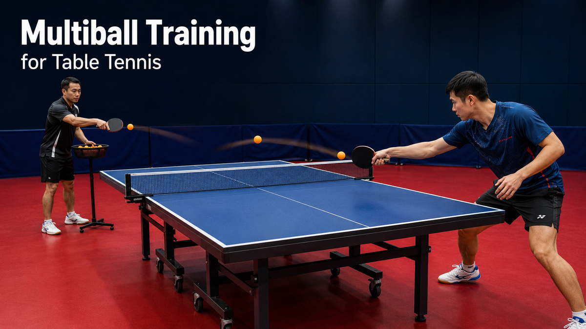 Coach feeding table tennis balls to a player during multiball practice